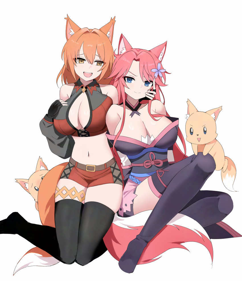 2girls absurdres animal_ears arms_behind_back blue_eyes commission commissioner_upload fingerless_gloves fox fox_ears fox_tail fox_tamer_(sakura_dungeon) gloves hand_on_another&#039;s_cheek hand_on_another&#039;s_face highres hsk10107 japanese_clothes kimono miniskirt multiple_girls non-web_source orange_hair pink_hair sakura_dungeon sitting skirt smug tail thighhighs yellow_eyes yomi_(sakura_dungeon) yuri