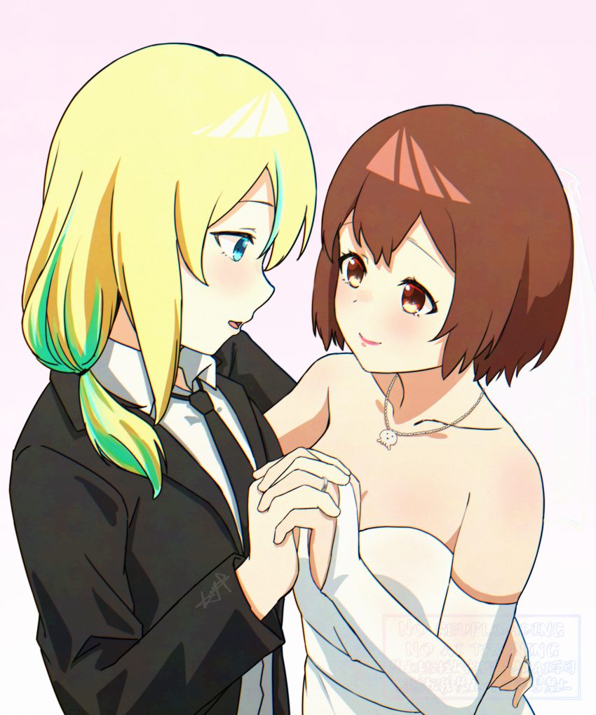 2girls absurdres black_jacket black_necktie black_vs_white blonde_hair blue_eyes brown_eyes brown_hair closed_mouth collarbone collared_shirt commentary_request dress elbow_gloves female_focus gloves green_hair highres holding_hands interlocked_fingers jacket jewelry kouzuki_mahiru multicolored_hair multiple_girls mutsuki_(mutsuki0110) necklace necktie open_mouth shirt short_hair strapless strapless_dress streaked_hair wedding_dress white_dress white_gloves white_shirt wife_and_wife yamanouchi_kano yoru_no_kurage_wa_oyogenai yuri