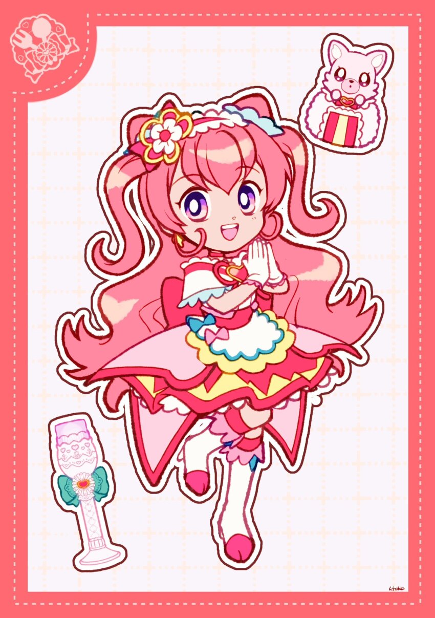 1girl apron back_bow bare_shoulders blue_bow boots border bow bow_apron bright_pupils brooch choker coattails cone_hair_bun cure_precious deformed delicious_party_precure dotted_line double_bun earrings eyelashes flower flower_knot frilled_hairband frilled_sleeves frills full_body gloves grey_background grid_background hair_between_eyes hair_bow hair_bun hair_flower hair_ornament hair_ribbon hairband happy heart heart_brooch high_heel_boots high_heels highres jewelry knee_boots kneehighs kome-kome lace lace-trimmed_gloves lace_trim layered_skirt leg_up long_hair looking_at_viewer magical_girl miniskirt nagomi_yui off-shoulder_shirt off_shoulder outline own_hands_together paw_shoes pink_bow pink_brooch pink_choker pink_hair pink_hairband pink_skirt pink_socks pleated_skirt precure purple_eyes red_border red_ribbon ribbon shirt short_sleeves showgirl_skirt signature skirt socks star_(symbol) star_earrings tareme two_side_up uwded_207 very_long_hair waist_apron wand wavy_hair white_apron white_boots white_flower white_gloves white_outline white_pupils white_shirt yellow_ribbon yellow_skirt
