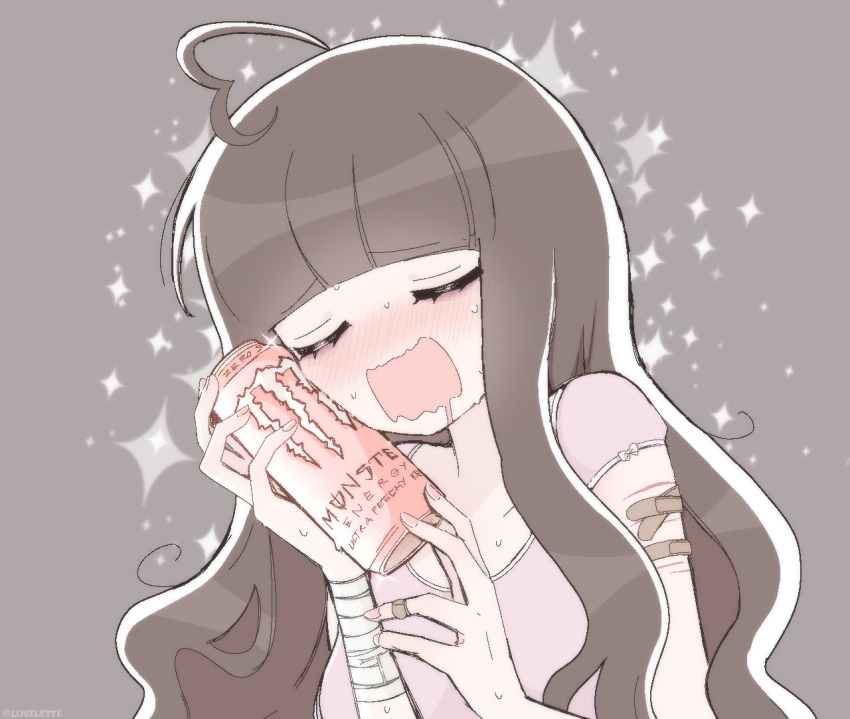 1girl bags_under_eyes bandages bandaid bow brown_background brown_hair can closed_eyes drink_can drooling energy_drink fingernails grey_background happy holding holding_can hugging_object lovelette lovelettechan monster_energy mouth_drool multiple_scars nail_polish original pink_nails pink_shirt pixel_art pixelated saliva scar self-harm self-upload shirt soda_can sweat sweatdrop wavy_hair wavy_mouth