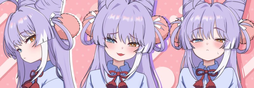 :3 ahoge blue_eyes blush bright_pupils cone_hair_bun fang hair_bun hair_ornament hair_rings heterochromia highres long_hair looking_at_viewer oldsickkim pom_pom_(clothes) pom_pom_hair_ornament purple_hair stellive sweatdrop tenko_shibuki virtual_youtuber yellow_eyes