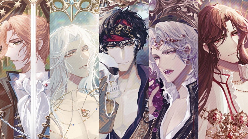 5boys absurdres aqua_eyes ascot black_cape black_hair black_headband black_jacket black_shirt blue_jacket braid brown_hair cape charlie_su circlet closed_mouth column_lineup curtained_hair earrings expressionless fangs food food_in_mouth frilled_shirt_collar frills fruit gem glint gloves gold_necklace grapes green_eyes grey_hair hair_tubes headband highres holding holding_food holding_fruit holding_skull jacket jewelry light_and_night_love long_hair long_sleeves looking_at_viewer looking_to_the_side looking_up lu_chen male_focus multiple_boys necklace open_mouth orange_hair parted_bangs parted_lips partially_unbuttoned pectoral_cleavage pectorals pendant ponytail popped_collar portrait profile purple_eyes purple_gemstone qi_sili red_eyes red_gemstone red_headband scar scar_across_eye scar_on_face shirt short_hair side_braid side_cape single_hair_tube skull smile snow234 sword sword_in_front_of_face weapon white_ascot white_hair white_shirt xia_mingxing xiao_yi_(light_and_night_love) yellow_eyes yellow_gloves