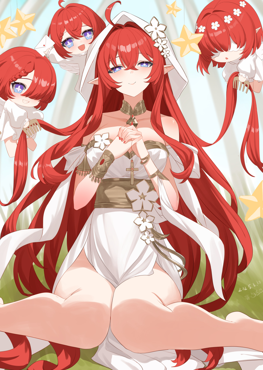 4girls :o absurdres ahoge ancient_greek_clothes angel_wings bare_legs bare_shoulders blue_eyes breasts brushing_hair chinese_commentary comb commentary_request cross-shaped_pupils dated elf feet_out_of_frame greco-roman_clothes hair_over_one_eye head_wreath highres holding holding_comb holding_letter honkai:_star_rail honkai_(series) lao_xi large_breasts legs letter long_hair multiple_girls on_grass pointy_ears red_hair short_hair smile symbol-shaped_pupils trianne_(honkai:_star_rail) tribbie_(honkai:_star_rail) tribios_(honkai:_star_rail) trinnon_(honkai:_star_rail) veil very_long_hair white_blindfold white_veil wings