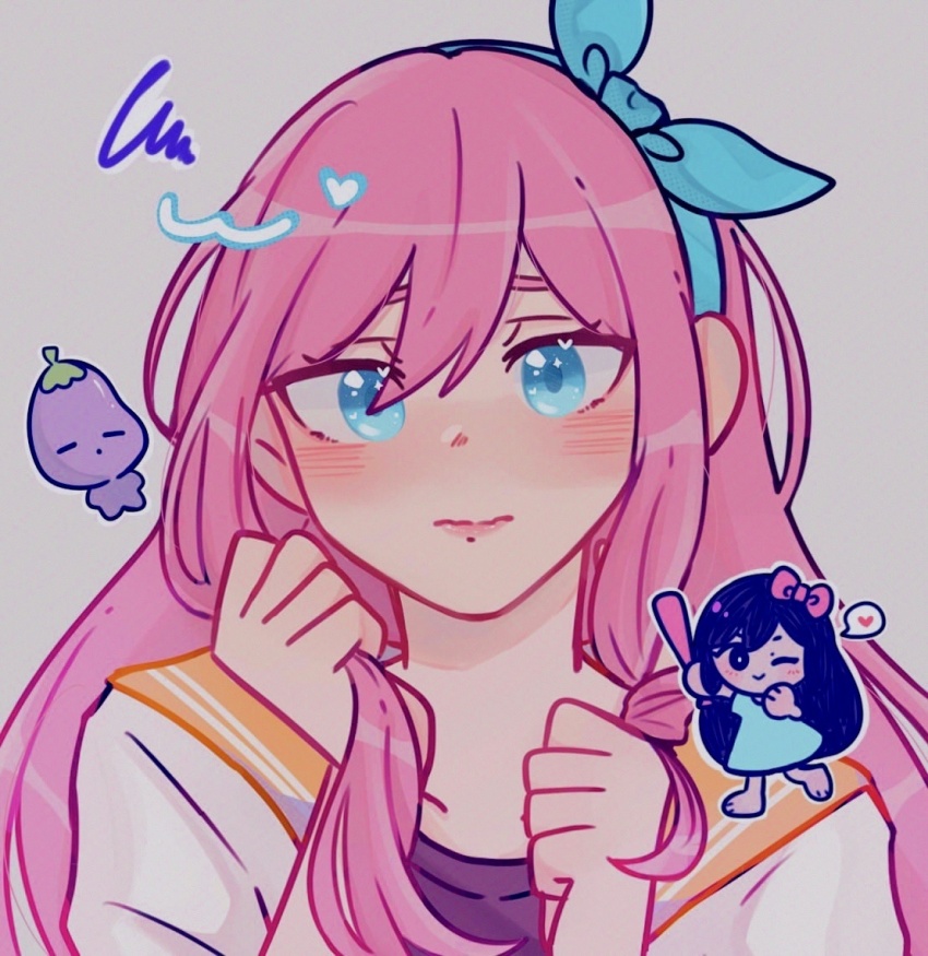 1girl aubrey_(faraway)_(omori) aubrey_(headspace)_(omori) aubrey_(omori) blue_eyes blue_hairband closed_mouth collarbone commentary double-parted_bangs goodluck_4444 grey_background hair_between_eyes hairband jacket long_hair looking_at_viewer mr._plantegg_(omori) omori pink_hair simple_background solo symbol-only_commentary upper_body white_jacket