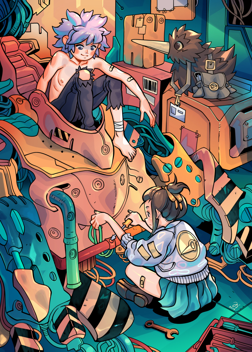 1boy 1girl aqua_skirt artist_logo bandaged_ankle bandaid bandaid_on_arm bandaid_on_leg barefoot bird black_pants brown_bag brown_hair brown_shoes cable closed_mouth coat commentary crate crossed_legs dated hair_ribbon highres holding holding_cable holding_screwdriver kiwi_(bird) lanyard logo looking_at_another looking_to_the_side mecha medium_hair multicolored_coat on_floor on_mecha orange_ribbon original pants pleated_skirt ponytail purple_hair repairing ribbon robot screwdriver shoes short_hair short_ponytail simz sitting skirt toolbox topless_male torn_clothes torn_pants wrench