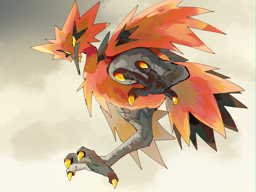 animal_focus beak bird claws closed_mouth colored_sclera fusenryo galarian_form galarian_zapdos gen_8_pokemon legendary_pokemon looking_at_viewer nintendo no_humans orange_feathers pokemon pokemon_(creature) pokemon_focus solo talons wings yellow_eyes yellow_sclera