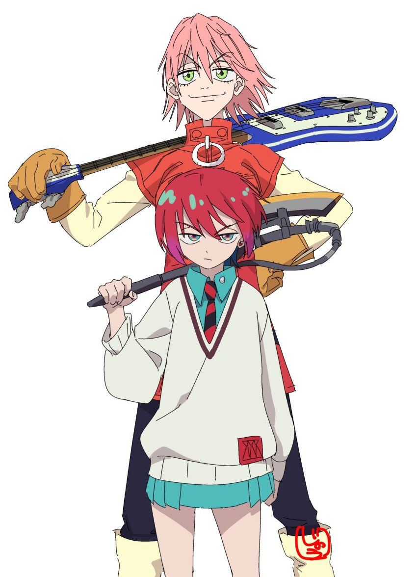 2girls amate_yuzuriha aqua_eyes aqua_skirt axe closed_mouth flcl gundam gundam_gquuuuuux haruhara_haruko highres holding jinou_rakugaki long_sleeves looking_at_viewer multiple_girls necktie red_hair school_uniform shirt short_hair simple_background skirt sweater