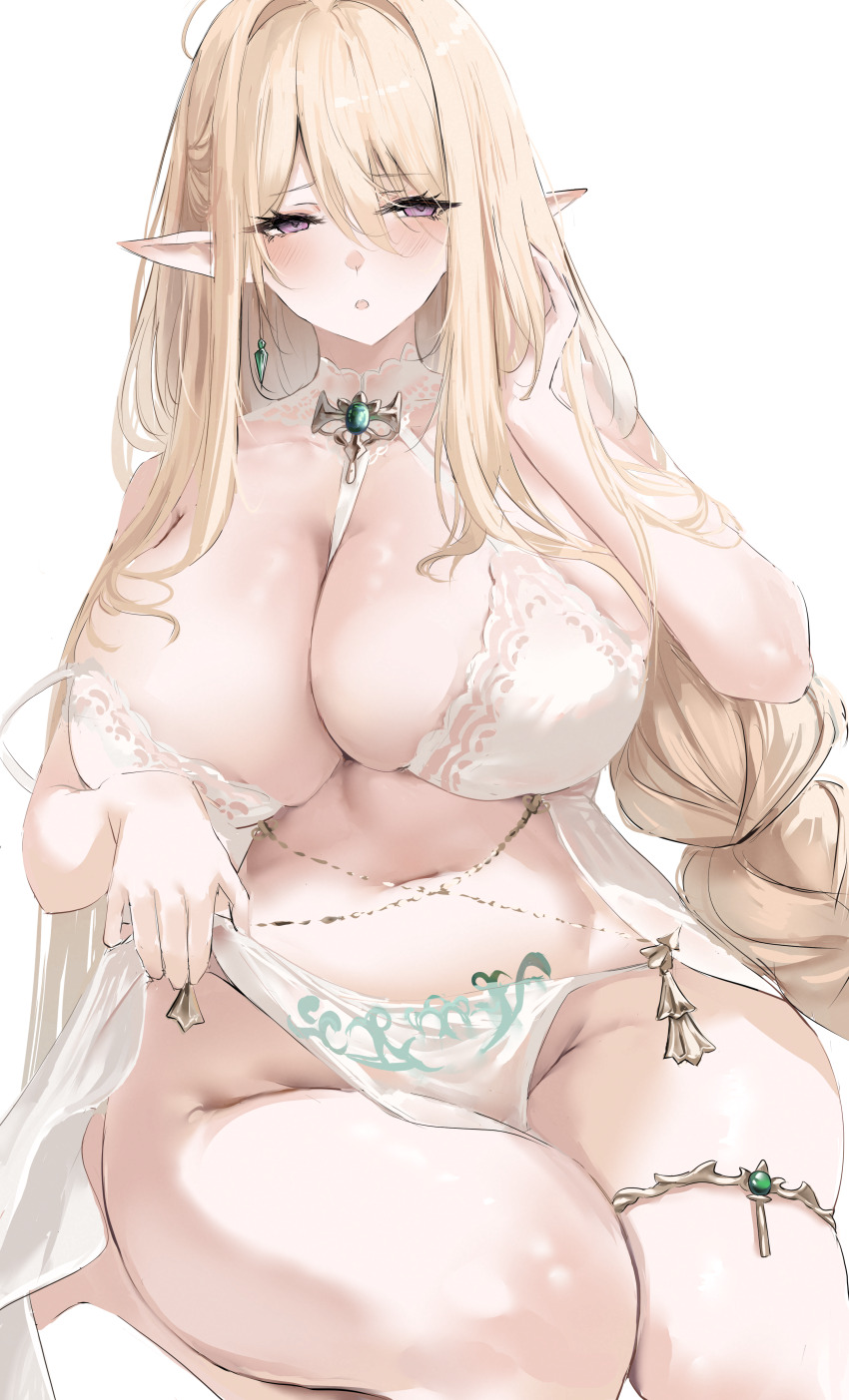 1girl absurdres azur_lane blonde_hair blush breasts earrings elf gouden_leeuw_(azur_lane) hair_between_eyes hand_up highres huge_breasts jewelry liaowen long_hair looking_at_viewer navel open_mouth plump pointy_ears pubic_tattoo purple_eyes simple_background solo tattoo thighlet thighs white_background