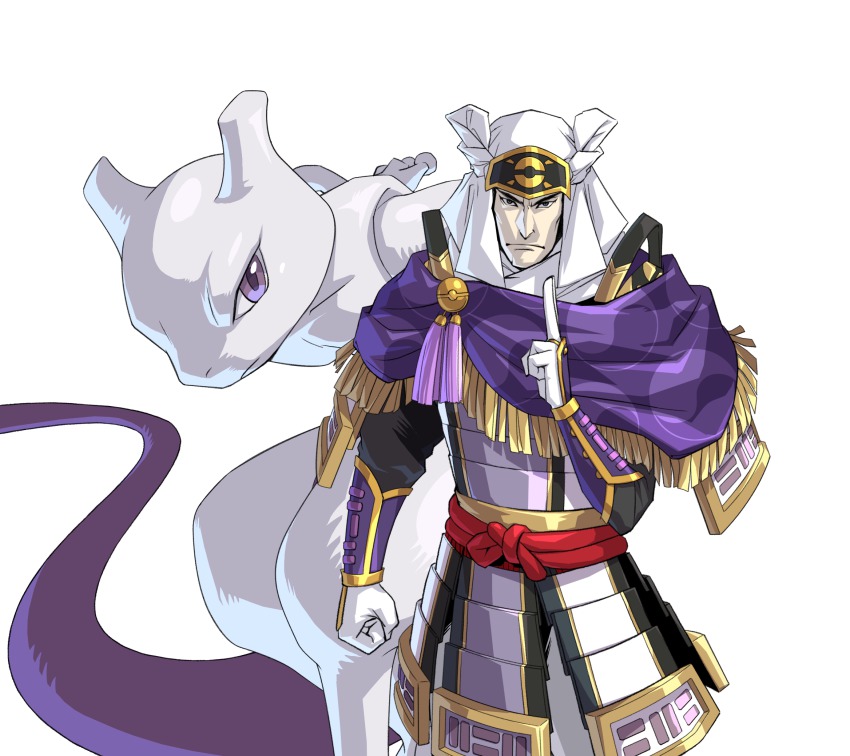 armor cape gen_1_pokemon highres hood legendary_pokemon male_focus mewtwo nintendo official_art pokemon pokemon_(creature) pokemon_conquest samurai sengoku_musou tail uesugi_kenshin