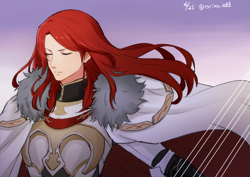 1boy armor cape closed_eyes commentary_request dated expressionless fate/grand_order fate_(series) fur-trimmed_cape fur_trim highres long_hair male_focus purple_background red_hair solo torinonest tristan_(fate) twitter_username upper_body white_cape