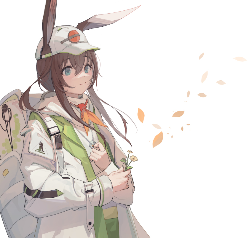 1girl absurdres amiya_(arknights) amiya_(seedsower)_(arknights) animal_ears arknights backpack bag baseball_cap blue_eyes brown_hair buckle closed_mouth cowboy_shot ears_through_headwear empty_eyes eyes_visible_through_hair falling_leaves flower hair_between_eyes hand_on_own_chest hat highres holding holding_flower jacket jewelry kuweichuanxin_jr leaf light_smile long_hair long_sleeves looking_away neckerchief necklace official_alternate_costume orange_neckerchief rabbit_girl rhodes_island_logo_(arknights) simple_background solo white_background white_jacket
