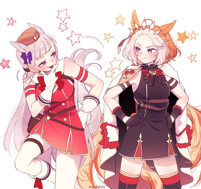 2girls animal_ears black_dress black_gloves blunt_bangs bow bowtie breasts commentary_request dress ear_covers ear_ornament ear_ribbon ggubii0225 gloves gold_ship_(umamusume) grey_hair hair_between_eyes hat highres horse_ears horse_girl horse_tail korean_commentary long_hair multiple_girls orange_hair orfevre_(old_design)_(umamusume) pillbox_hat purple_bow purple_eyes single_ear_cover smile tail umamusume white_gloves white_hair