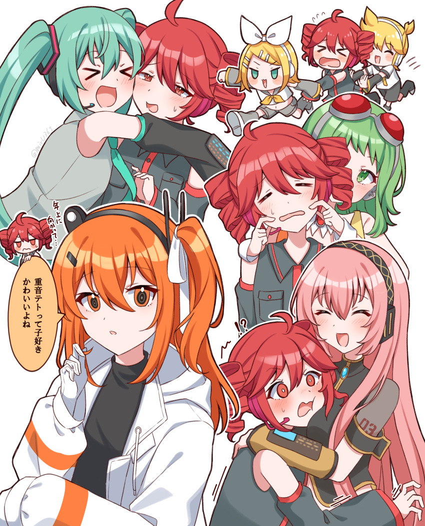 !? &gt;_&lt; 1boy 6+girls ^^^ a.i._voice absurdres adachi_rei ahoge alternate_hair_length alternate_hairstyle behind_another between_breasts black_shirt black_shorts black_sleeves blonde_hair blue_eyes blue_necktie blush bow breasts cheek_pinching chibi chibi_inset collage commentary_request crop_top cropped_torso detached_sleeves drill_hair flying_sweatdrops frown gloves goggles goggles_on_head green_eyes green_hair grey_shirt gumi hair_bow hair_ornament hair_ribbon hand_up happy hatsune_miku head_between_breasts headlamp headphones headset high_ponytail highres hood hood_down hooded_jacket jacket kagamine_len kagamine_rin kasane_teto kasane_teto_(utau) large_breasts long_hair long_sleeves looking_at_viewer megurine_luka midriff mirumiru_(miru36i) multiple_girls multiple_views necktie nervous_smile one_side_up open_mouth orange_eyes pinching pink_hair ponytail pulling pushing radio_antenna red_eyes red_hair ribbon running see-through_clothes see-through_sleeves shirt short_hair short_ponytail shorts shoulder_tattoo simple_background smile speech_bubble tattoo translated twin_drills twirling_hair utau v-shaped_eyebrows vocaloid wavy_mouth white_background white_bow white_gloves white_jacket white_ribbon white_shirt