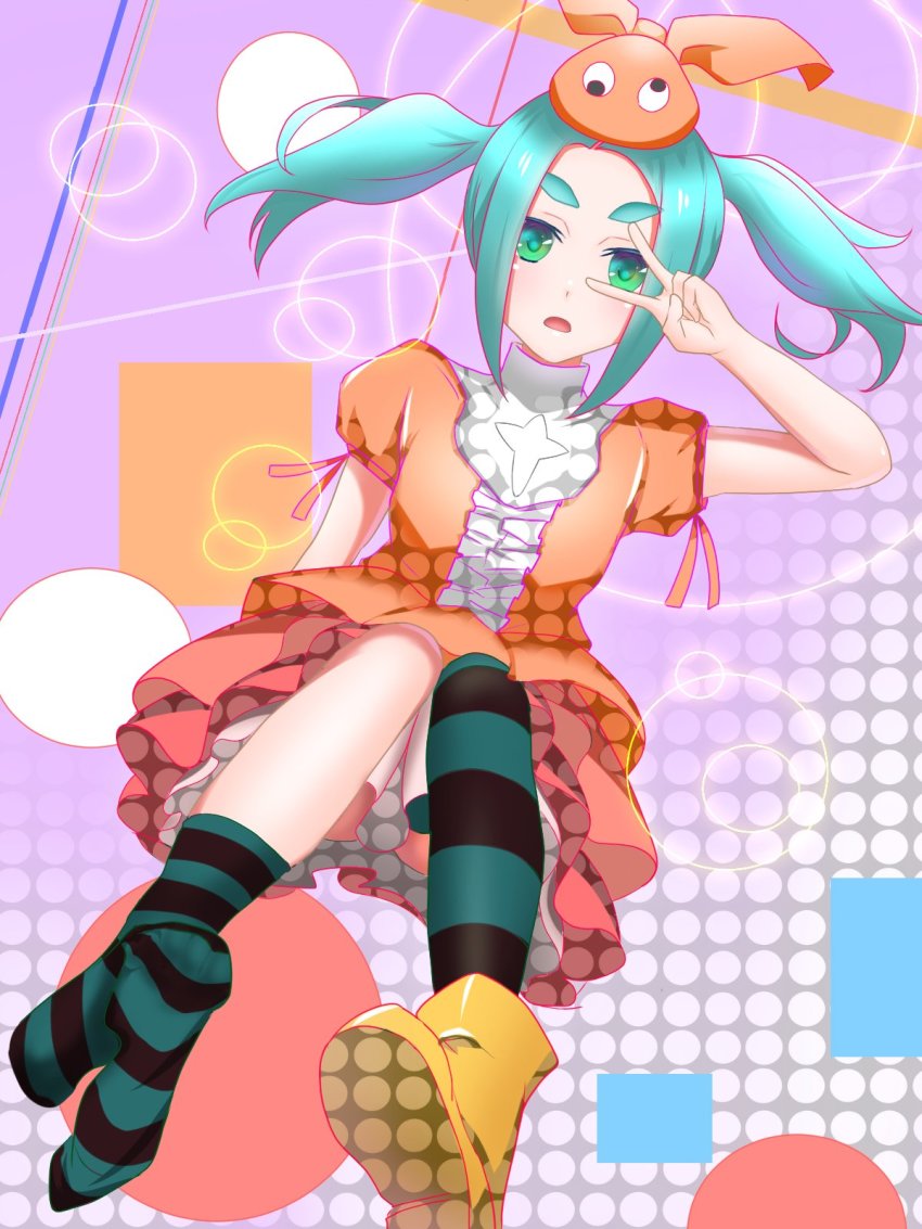 asymmetrical_legwear boots googly_eyes highres non-web_source ononoki_yotsugi pantyhose single_boot sock_dangle striped_clothes striped_pantyhose uneven_legwear v