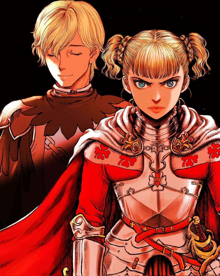 1boy 1girl armor berserk black_background blonde_hair blunt_bangs braid brother_and_sister cape closed_eyes closed_mouth farnese_(berserk) gauntlets hair_between_eyes highres looking_at_viewer nisino2222 serious serpico_(berserk) sheath sheathed short_twintails siblings side_braid simple_background smile sword twintails weapon