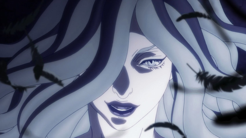 1girl animated animated_gif anime_screenshot armpit_crease arms_at_sides arms_up berserk black_corset black_feathers black_wings breasts collarbone colored_pubic_hair completely_nude corset demon_wings eclipse evil_smile exhibitionism eyelashes fantasy feathers female_focus fingernails floating_hair giant giantess green_eyes green_hair green_pubic_hair groin highres huge_filesize knees large_breasts legs legs_together lips looking_at_viewer matching_hair/eyes mature_female moderate_pubic_hair navel neck night night_sky nipples nude official_art outdoors pale_skin parted_bangs pubic_hair public_indecency pussy sidelocks sky slan_(berserk) slit_pupils smile spread_wings standing surreal thighs wavy_hair wings