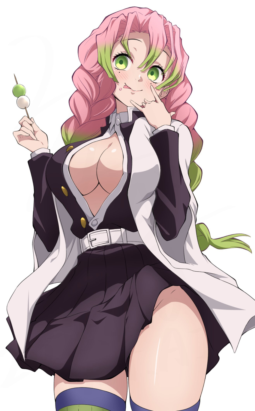 1girl anime_coloring belt black_dress blush braid breasts center_opening cleavage closed_mouth commentary crumbs dango dress food green_eyes green_hair green_thighhighs groin haori highres japanese_clothes kanroji_mitsuri kimetsu_no_yaiba large_breasts long_hair long_sleeves mole mole_under_each_eye mole_under_eye multicolored_hair multiple_moles nishizuki_shino official_style pink_hair pink_lips ribbed_thighhighs simple_background smile solo thighhighs thighs tongue tongue_out two-tone_hair wagashi white_background white_belt white_haori