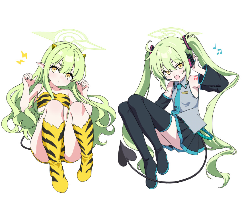 2girls :d absurdres adjusting_clothes adjusting_headphones adjusting_headwear alternate_costume animal_print bare_arms bare_shoulders black_skirt black_sleeves black_thighhighs blue_archive blue_necktie blush boots claw_pose closed_mouth collarbone collared_shirt commentary_request cone_horns cosplay demon_girl demon_horns demon_tail detached_sleeves dot_mouth dot_nose fang flat_chest green_hair green_halo grey_shirt hair_between_eyes halo hand_up hands_up hatsune_miku hatsune_miku_(cosplay) head_tilt headphones highres hikari_(blue_archive) horns knees_up light_blush lightning_bolt_symbol loli long_hair long_sleeves looking_at_viewer lum lum_(cosplay) microphone miniskirt multiple_girls musical_note necktie nekokawa_isugi nozomi_(blue_archive) open_mouth pleated_skirt pointy_ears print_boots shirt siblings sidelocks simple_background sisters sitting skin_fang skirt sleeveless sleeveless_shirt smile straight_hair tail thick_eyebrows thigh_boots thighhighs thighs tiger_panties tiger_print transparent_background twins twintails urusei_yatsura v-shaped_eyebrows very_long_hair vocaloid wavy_hair wide_sleeves yellow_boots yellow_eyes yellow_horns zettai_ryouiki