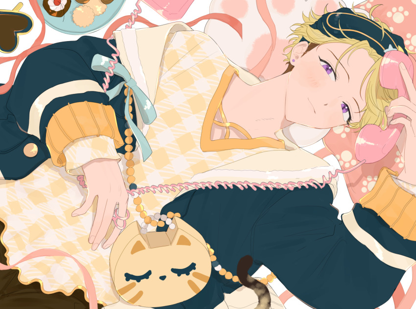 1boy animal_bag beads blonde_hair blue_ribbon cat_bag earrings ensemble_stars! eye_mask holding holding_phone jewelry kyo_sla_1415 light_smile long_sleeves lying narukami_arashi official_alternate_costume on_back orange_shirt pajamas parted_bangs paw_print phone plaid_clothes plaid_shirt purple_eyes ribbon shirt upper_body