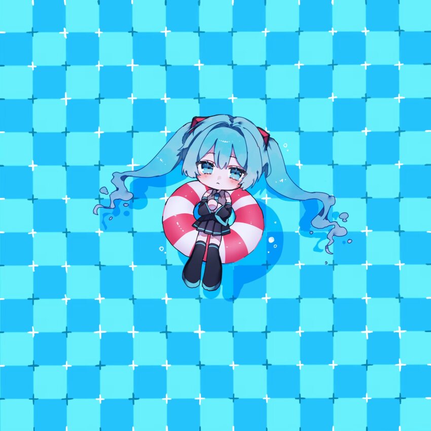1girl aqua_eyes aqua_hair aqua_trim black_skirt black_sleeves black_thighhighs blush chibi commentary detached_sleeves double-parted_bangs full_body hair_between_eyes hatsune_miku highres hiro_0607 looking_at_viewer lying on_back optical_illusion own_hands_together pleated_skirt primrose_field_illusion skirt solo swim_ring symbol-only_commentary thighhighs twintails vocaloid