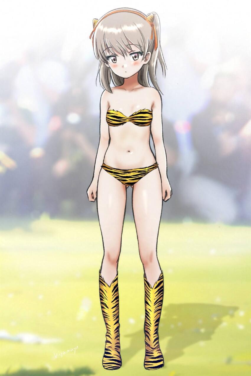 1girl animal_print bikini blush breasts cosplay full_body girls_und_panzer highres hiyama_yuu_(wee259hiyama) lum_(cosplay) medium_hair navel print_bikini shimada_arisu small_breasts solo standing swimsuit tiger_print tiger_stripes urusei_yatsura