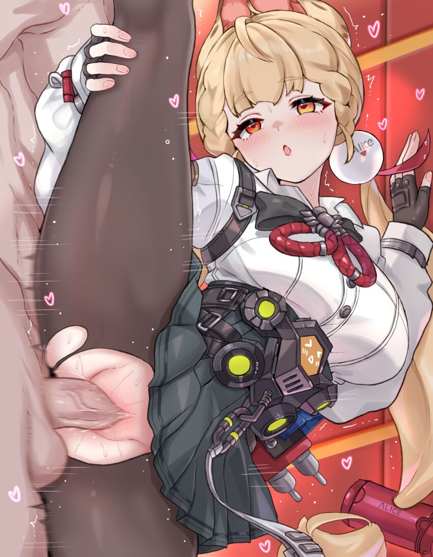 1boy 1girl :o absurdres alice_thymefield animal_ears black_skirt blonde_hair blush breasts commentary_request daram_(shappydude) fingerless_gloves gloves hand_on_own_leg heart hetero heterochromia highres indoors korean_commentary large_breasts large_variant_set long_hair orange_eyes pantyhose penis pleated_skirt red_eyes revision sex shirt skirt split standing standing_on_one_leg standing_sex standing_split sweat torn_clothes torn_pantyhose uncensored vaginal variant_set white_shirt zenless_zone_zero