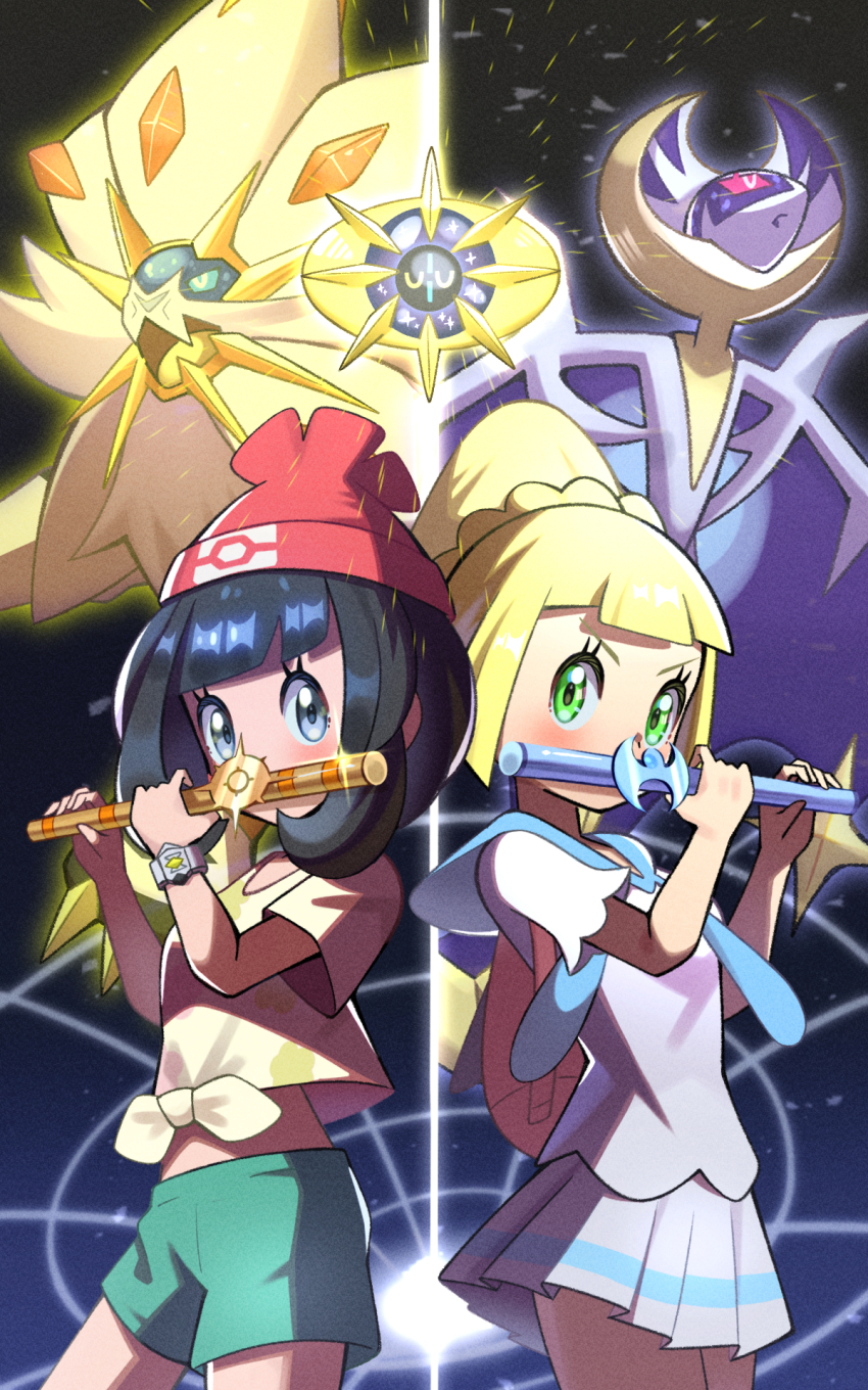 2girls backpack bag beanie black_background black_hair blonde_hair blue_eyes blue_sclera bracelet closed_eyes colored_sclera commentary_request cosmoem diagonal_bangs eyelashes floating gen_7_pokemon green_eyes green_shorts hat highres inana_umi jewelry legendary_pokemon lillie_(pokemon) lunala medium_hair moon_flute_(pokemon) multiple_girls nintendo open_mouth pink_sclera playing_flute playing_instrument pleated_skirt pokemon pokemon_(creature) pokemon_sm red_headwear selene_(pokemon) short_hair shorts skirt solgaleo sun_flute_(pokemon) white_skirt wings