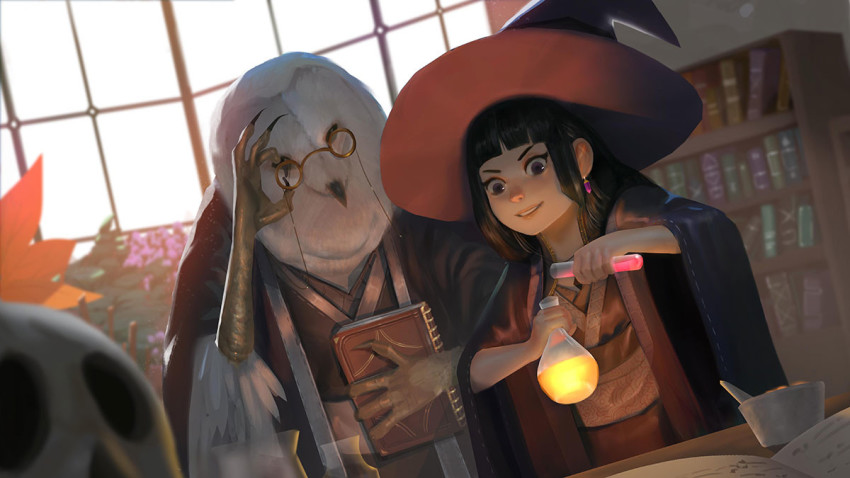 1girl adjusting_eyewear autumn_leaves beak beast bird black_eyes black_hair black_jacket black_kimono blunt_bangs blurry book bookshelf brown_kimono commentary_request day depth_of_field desk earrings fahmi_fauzi fantasy feathers female_focus floating_earring flower focused glowing hanging_earrings hat holding holding_book indoors jacket japanese_clothes jewelry kimono leaf long_hair looking_down open_book original parted_lips personification pink_flower plant sash skull smile solo standing sunlight talons teacher test_tube upper_body white_bird wide-eyed wide_sleeves window witch_hat