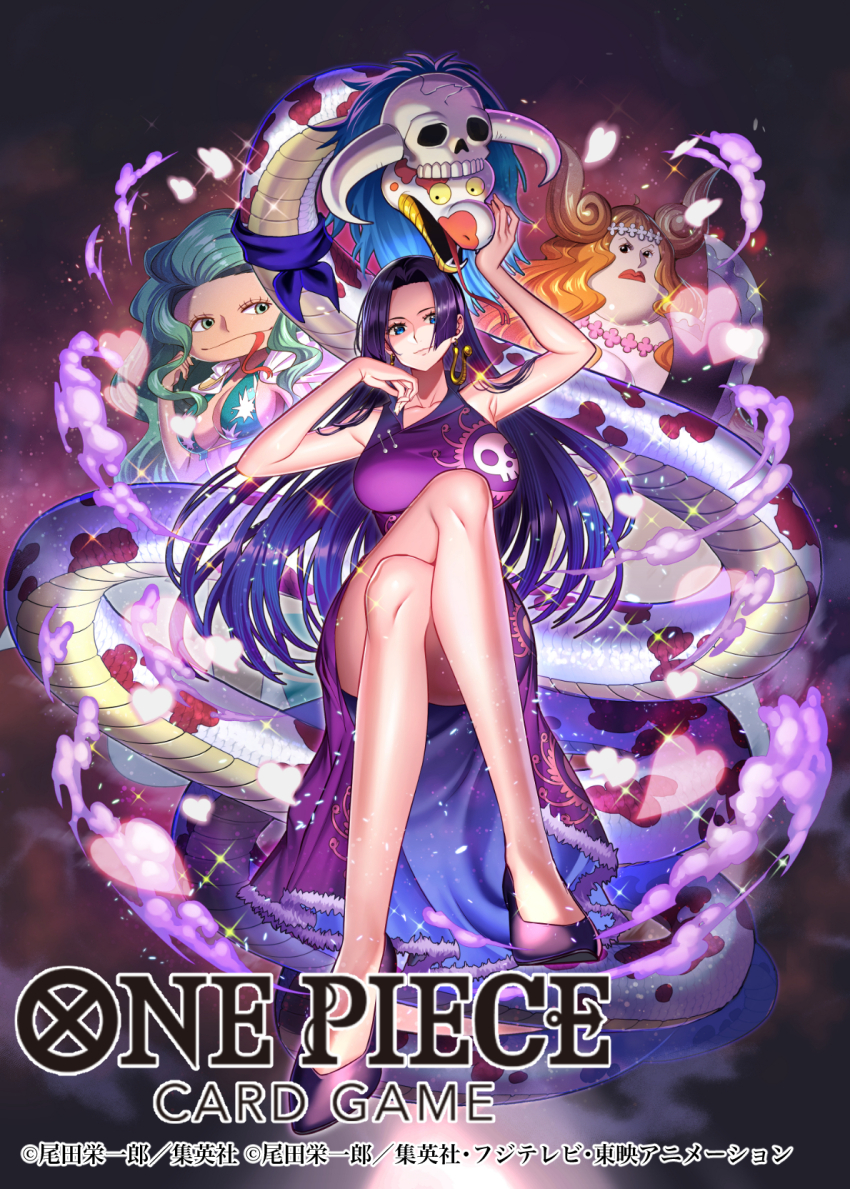 3girls bashikou black_hair blue_eyes boa_hancock boa_marigold boa_sandersonia breasts crossed_legs dress grey_hair highres large_breasts long_hair multiple_girls one_piece orange_hair purple_dress salome_(one_piece) siblings sitting skull skull_print snake tongue tongue_out