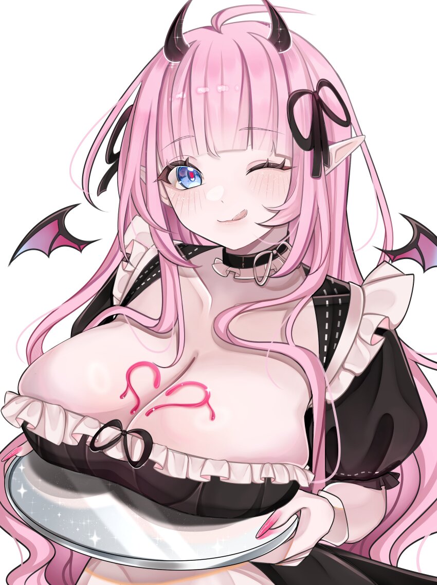 1girl :q absurdres black_choker black_dress black_ribbon blue_eyes blunt_bangs blush breast_rest breasts breasts_on_tray carried_breast_rest carrying choker cleavage closed_mouth collarbone commentary commission demon_girl demon_horns demon_wings detached_wings dress english_commentary fingernails hair_ribbon heart highres holding holding_tray horns large_breasts licking_lips long_fingernails long_hair looking_at_viewer maid nail_polish one_eye_closed original pink_hair pink_nails pointy_ears puffy_short_sleeves puffy_sleeves ribbon rosheil serving short_sleeves simple_background smile solo tongue tongue_out tray upper_body vgen_commission white_background wings