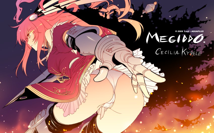 1girl aquaplus armor artist_request ass bare_shoulders black_thighhighs cameltoe cecilia_kybele female_focus foreshortening gauntlets glowing glowing_eye greaves hair_ornament highres kimi_ga_yobu_megiddo_no_oka_de leaf_(studio) panties pantyshot parted_lips pink_hair skirt solo thighhighs underwear upskirt white_panties yellow_eyes