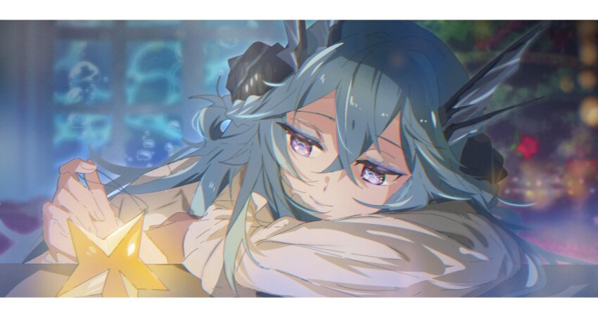 1girl aqua_hair blue_hair braid christmas_ornaments christmas_tree closed_mouth crossed_bangs fins grey_sweater hair_between_eyes head_fins lamia:_lost_lullaby_(pgr) lamia_(pgr) long_hair punishing:_gray_raven purple_eyes relaxing shell_hair_ornament shiraeda solo star_(symbol) sweater