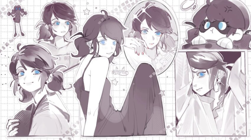 1girl blue_eyes dress earrings fufu49829 greyscale jewelry ladybug_(character) light_blush light_smile looking_at_viewer looking_to_the_side low_twintails marinette_dupain-cheng miraculous_ladybug monochrome multiple_expressions nail_polish star_(symbol) sweater twintails
