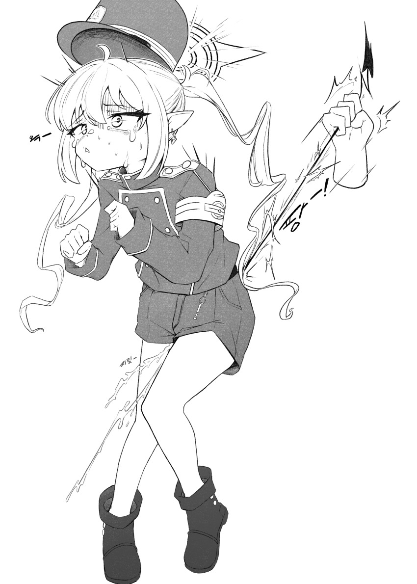 1girl 1other 743_(743rd_bat) absurdres armband blue_archive boots buttons clenched_hands demon_tail double-breasted earrings female_ejaculation full_body greyscale halo hat highres jacket jewelry long_hair long_sleeves monochrome nozomi_(blue_archive) peaked_cap pointy_ears shorts simple_background solo_focus tail tail_pull twintails very_long_hair white_background