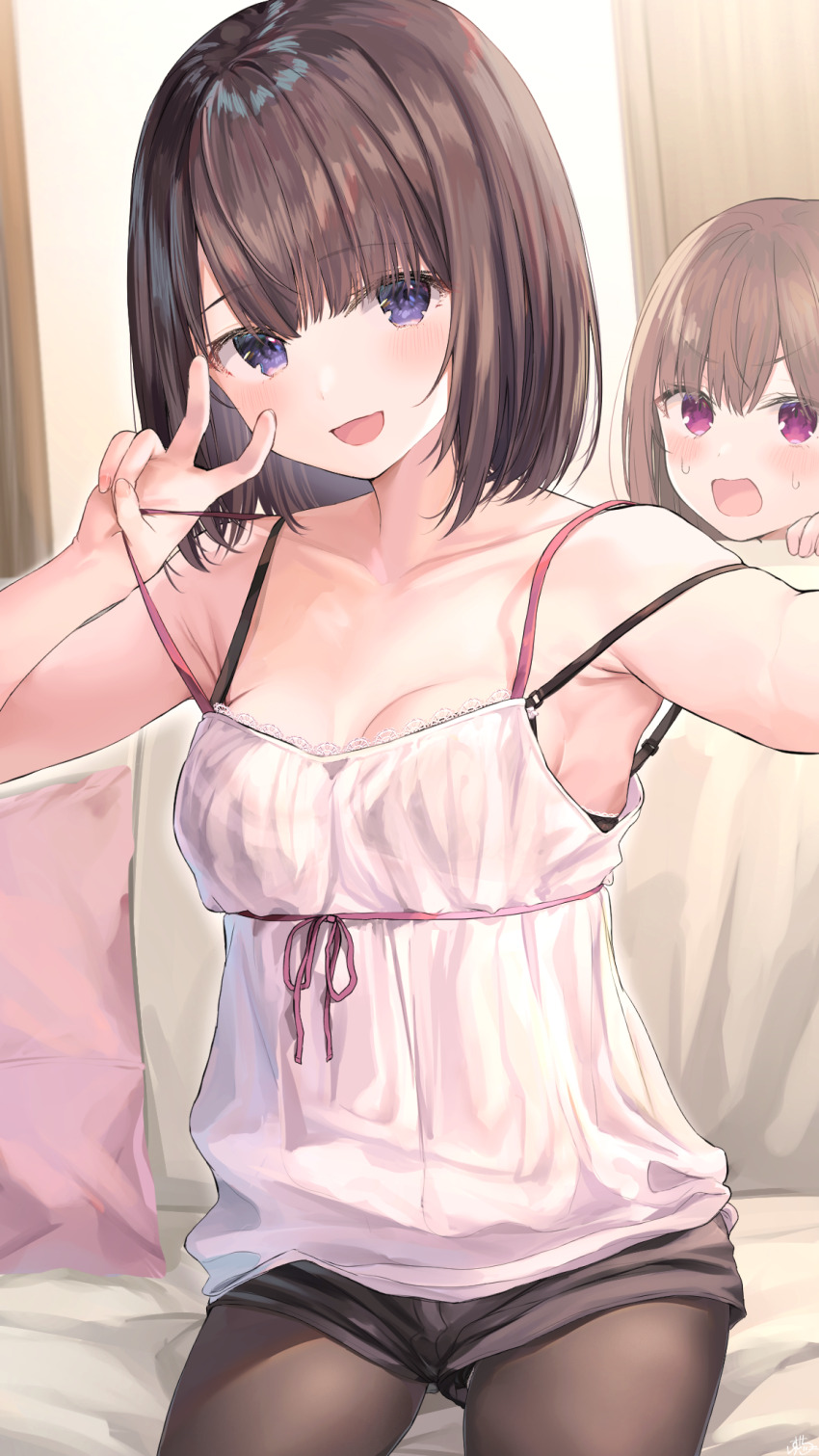 2girls :d black_hair-chan_(ramchi) black_pantyhose black_shorts blush bra_strap breasts brown_hair camisole childhood_friend-chan_(ramchi) collarbone highres indoors lace-trimmed_camisole lace_trim looking_at_viewer medium_breasts medium_hair multiple_girls open_mouth original pantyhose purple_eyes ramchi selfie shorts sitting smile spaghetti_strap strap_pull strap_slip swept_bangs v v-shaped_eyebrows white_camisole
