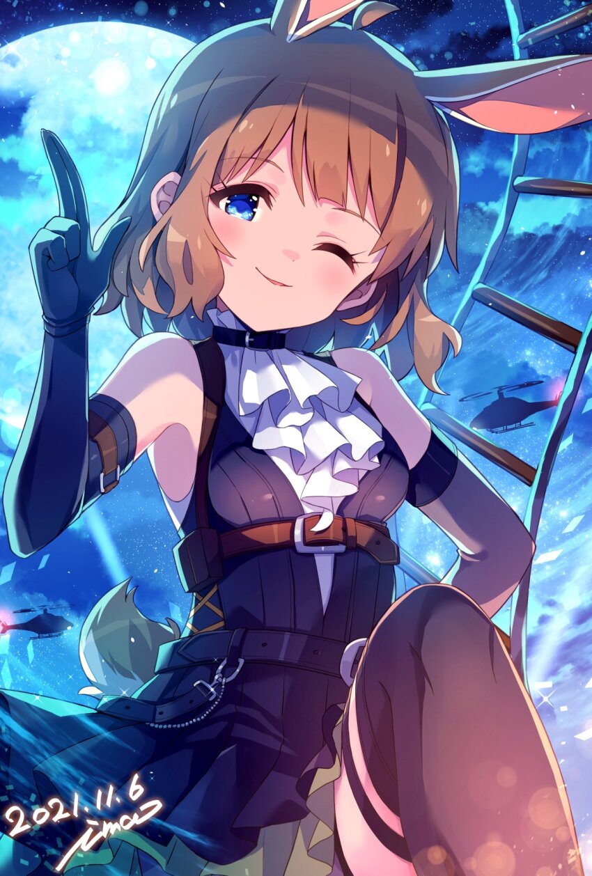 1girl aircraft animal_ears artist_name bare_shoulders belt black_belt black_dress black_gloves black_thighhighs blue_eyes blue_moon blush breasts brown_belt brown_hair dated dot_nose dress elbow_gloves eyelashes fake_animal_ears fake_tail frilled_shirt frills full_moon gloves hand_up helicopter highres idolmaster idolmaster_million_live! idolmaster_million_live!_theater_days ima_(lm_ew) light_smile looking_at_viewer miniskirt moon night night_sky official_alternate_costume one_eye_closed parted_lips rabbit_ears rabbit_tail rope_ladder shirt short_hair sidelocks skirt sky sleeveless small_breasts solo suou_momoko tail thighhighs wavy_hair zettai_ryouiki