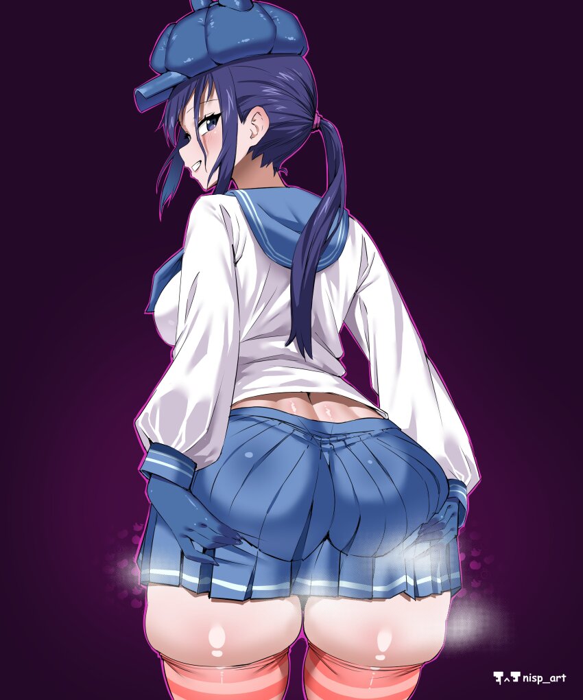 1girl absurdres ass blue_gloves blue_hat cool_mita_(miside) from_behind gloves hair_tie hands_on_own_ass hat highres huge_ass looking_back miside mita_(miside) nisp_art ponytail purple_background purple_eyes purple_hair sailor_collar school_uniform serafuku skirt smile solo spread_ass spreading_own_ass standing striped_clothes striped_thighhighs thick_thighs thighhighs thighs