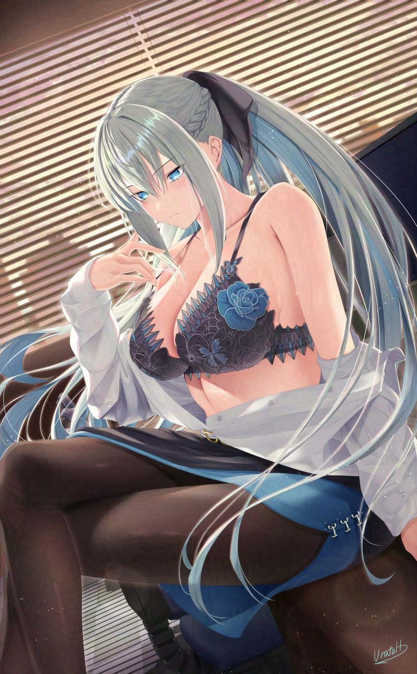 1girl absurdres belt black_bow black_dress black_pantyhose black_skirt blue_eyes blush bow bra braid breasts cleavage collared_shirt commentary_request dress dress_shirt fate/grand_order fate_(series) front-hook_bra adversarial_noise grey_hair hair_bow half_up_braid highres lace lace-trimmed_bra lace_trim large_breasts long_hair long_sleeves looking_to_the_side morgan_le_fay_(chaldea_satellite_station)_(fate) morgan_le_fay_(fate) office_lady open_bra pantyhose pencil_skirt ponytail shirt sidelocks skirt solo underwear undone_bra urato_hotaru very_long_hair white_belt white_shirt