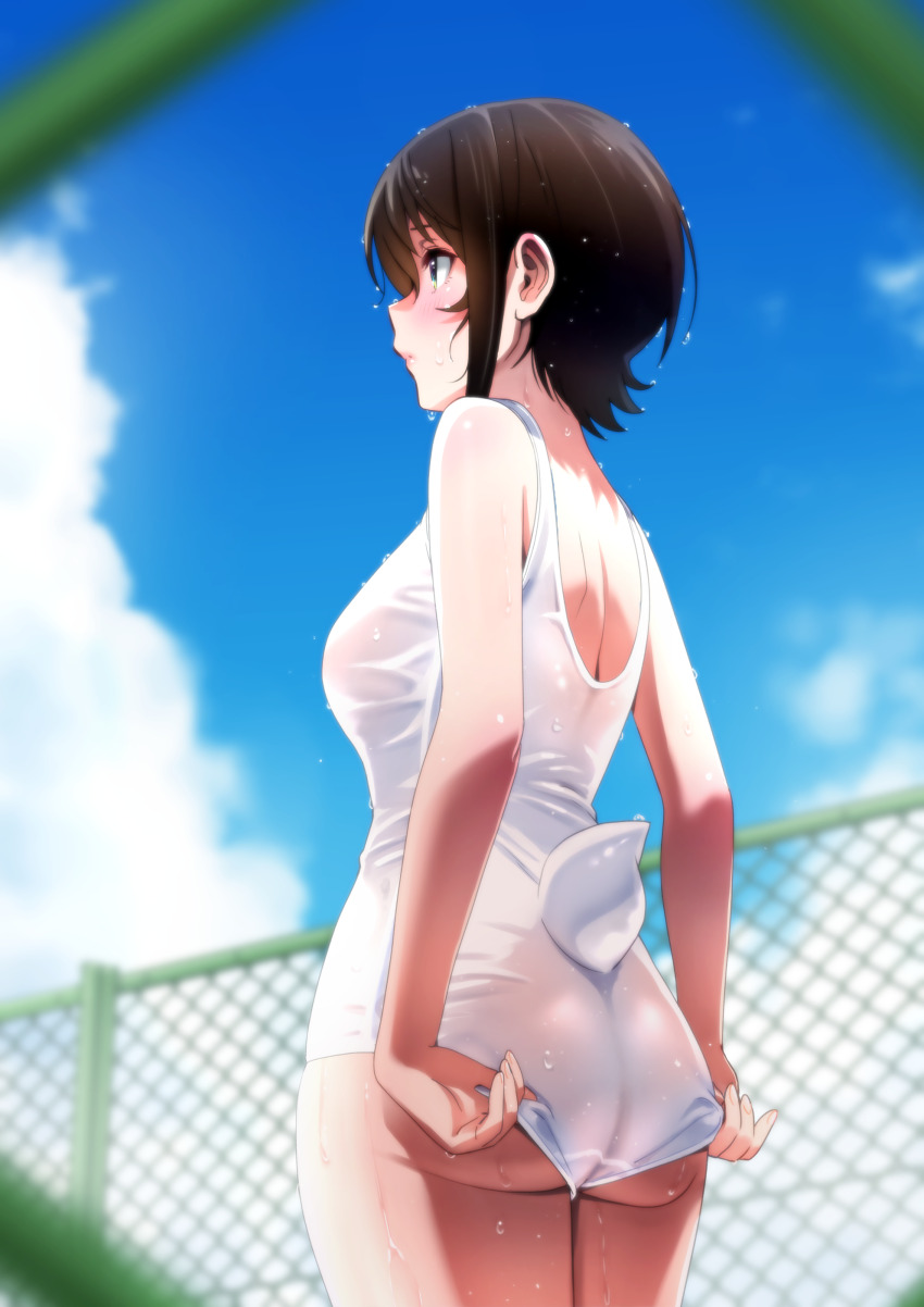 1girl absurdres adjusting_clothes adjusting_swimsuit alternate_costume aqua_eyes ass bare_arms black_hair blue_sky blurry blurry_background blush breasts closed_mouth commentary_request day depth_of_field duck_tail fake_tail highres hololive median_furrow medium_breasts one-piece_swimsuit oozora_subaru outdoors school_swimsuit short_hair shoulder_blades sky solo standing swept_bangs swimsuit tail virtual_youtuber wet wet_hair white_one-piece_swimsuit zabudog777