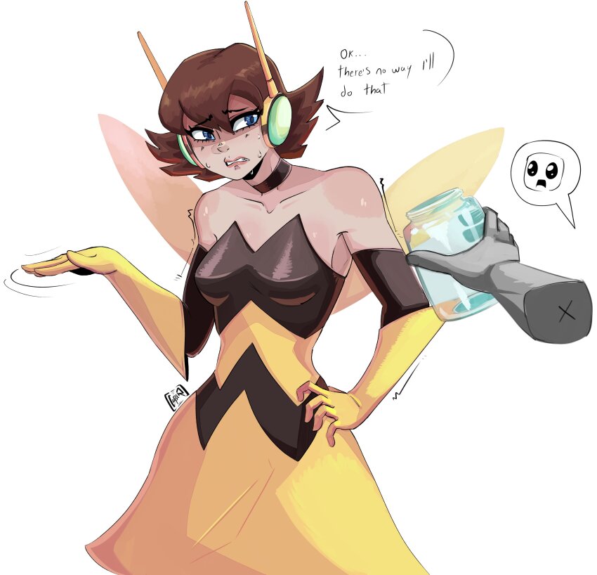 1girl absurdres annoyed avengers_(series) bare_shoulders bee bee_wings blue_eyes bodysuit brown_hair bug collarbone cumjar_(meme) cupperexe detached_sleeves elbow_gloves english_text gloves highres holding holding_jar insect insect_wings janet_van_dyne jar marvel meme red-tinted_eyewear rejection short_hair speech_bubble standing superhero_costume the_avengers:_earth&#039;s_mightiest_heroes! tinted_eyewear two-tone_bodysuit wasp_(marvel) western_comics_(style) white_background wings yellow-tinted_eyewear yellow_bodysuit yellow_gloves
