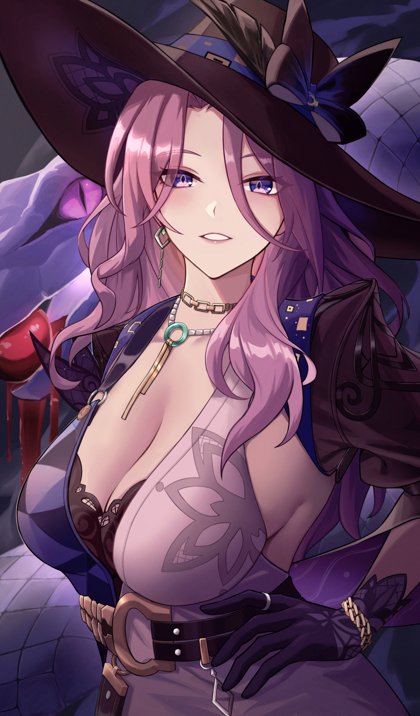 1girl absurdres belt black_belt black_bra black_gloves black_hat bra breasts cleavage commentary_request earrings gloves hal_aluha hat highres honkai:_star_rail honkai_(series) jade_(honkai:_star_rail) jewelry large_breasts long_hair looking_at_viewer necklace purple_eyes purple_hair purple_lips snake solo underwear upper_body