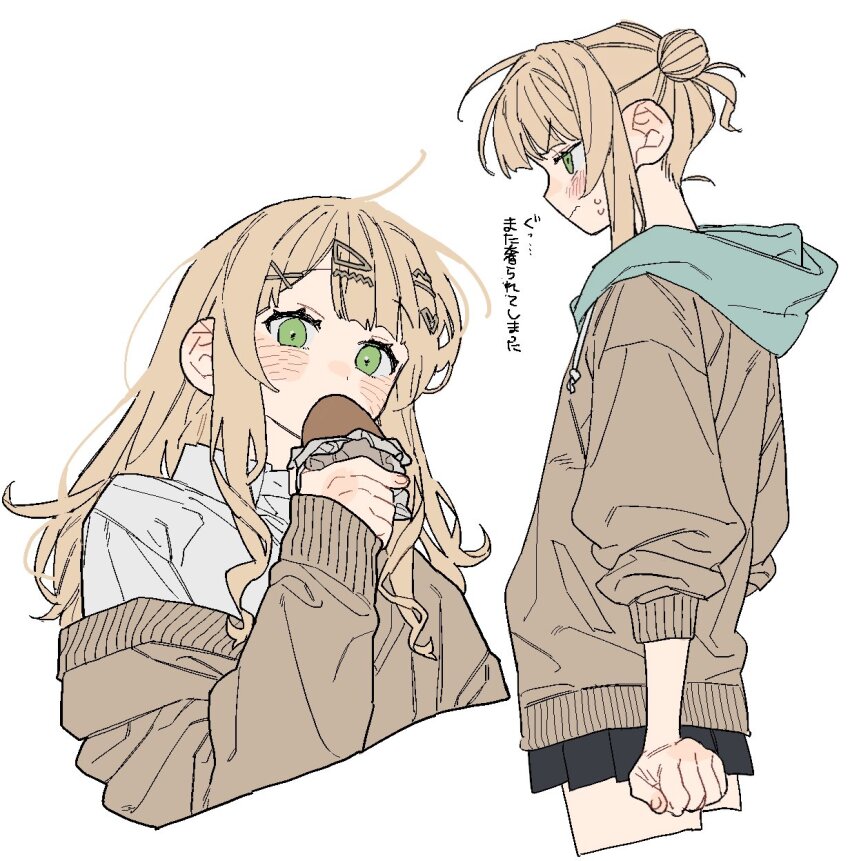 1girl dayama eating food green_eyes hair_bun highres hood hood_down japanese_text kaburaki_roco multiple_views nijisanji sleeves_past_wrists virtual_youtuber white_background