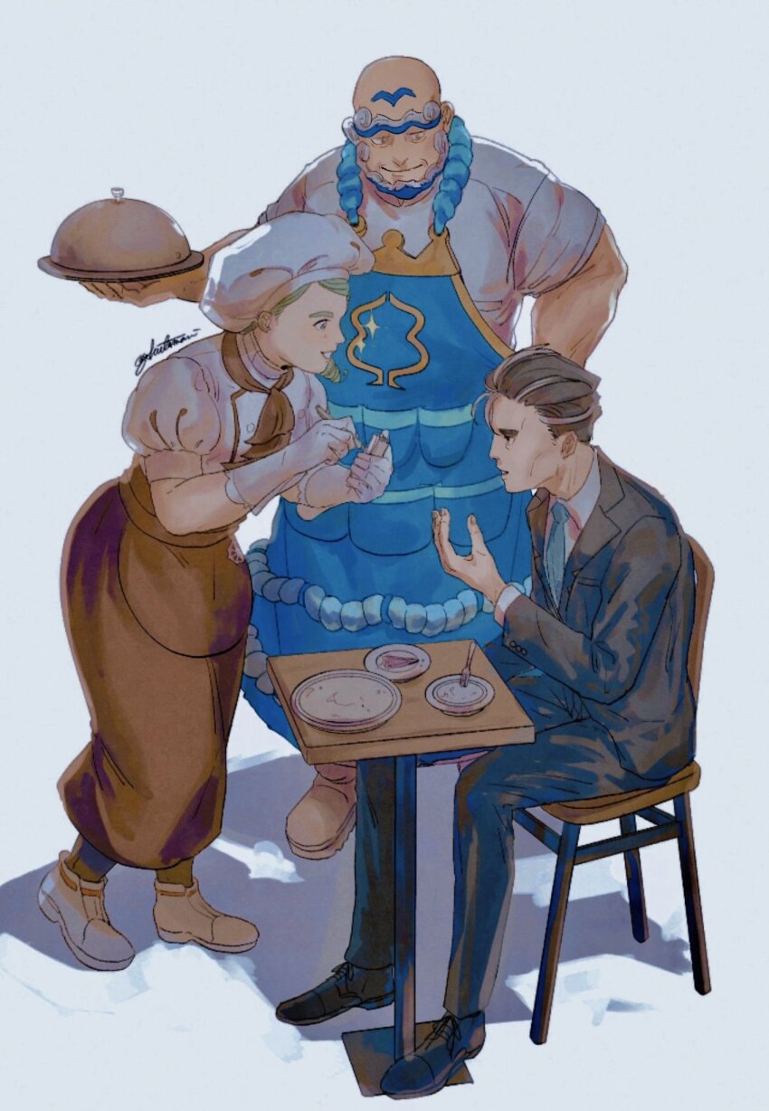 1girl 2boys apron ascot bald beard blue_apron brown_apron brown_ascot brown_skirt chair commentary_request facial_hair gloves green_hair hat highres himagoya holding holding_tray jacket katy_(pokemon) kofu_(pokemon) larry_(pokemon) multiple_boys necktie nintendo pants plate pokemon pokemon_sv shirt shoes short_sleeves sitting skirt smile sparkle table tray waist_apron
