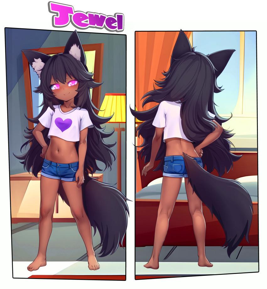 1girl absurdres animal_ear_fluff animal_ears ass bad_tag barefoot black_hair blue_shorts character_name closed_mouth crop_top dark_skin day denim denim_shorts flat_chest fox_ears fox_girl fox_tail from_behind full_body hair_between_eyes hand_on_own_hip hand_on_own_thigh heart highres indoors long_hair looking_at_viewer moneymop multiple_views navel original outside_border pink_eyes pink_pupils reference_sheet shirt short_shorts short_sleeves shorts smile standing tail tan turnaround very_long_hair white_shirt