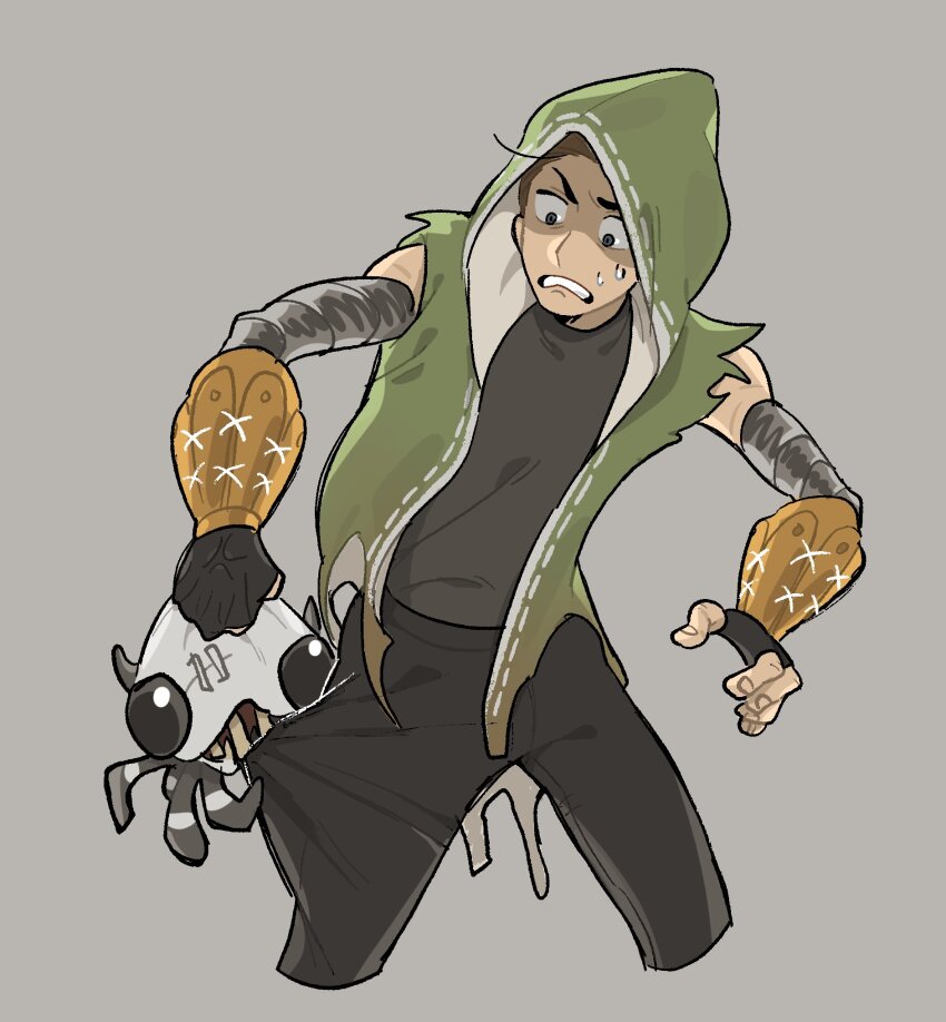 1boy arm_guards biting biting_another&#039;s_clothes black_pants black_shirt brown_hair clenched_teeth cropped_legs frown green_hoodie grey_background highres hood hood_up hoodie identity_v male_focus naib_subedar nuboragi pants patroller_(identity_v) scar scar_on_arm shirt sleeveless solo sweatdrop teeth torn_clothes