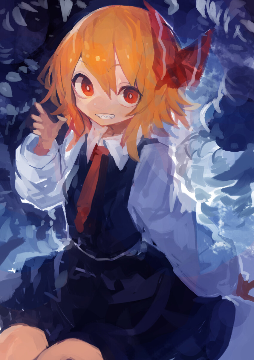 1girl absurdres black_skirt black_vest collared_shirt commentary grin hair_ribbon highres kaamin_(mariarose753) long_sleeves looking_at_viewer necktie orange_hair red_eyes red_necktie red_ribbon ribbon rumia sharp_teeth shirt skirt smile solo teeth touhou vest white_shirt