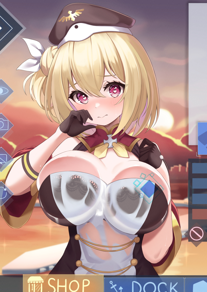 1girl 3: absurdres against_fourth_wall azur_lane bare_shoulders black_bra black_gloves black_hat blonde_hair blush bra breast_press breasts cleavage closed_mouth commentary_request commission cross detached_sleeves dress elegant_(sumisumi4268) fake_screenshot fourth_wall gloves hair_between_eyes hair_bun hair_ribbon half_gloves hands_up hat heart heart-shaped_pupils highres iron_cross large_breasts leipzig_(azur_lane) leipzig_(retrofit)_(azur_lane) looking_at_viewer retrofit_(azur_lane) ribbon see-through_clothes short_hair sidelocks single_hair_bun single_side_bun skeb_commission sleeveless sleeveless_dress solo standing sunset sweat symbol-shaped_pupils two-tone_dress underwear upper_body user_interface wet wet_clothes wet_dress white_dress white_ribbon