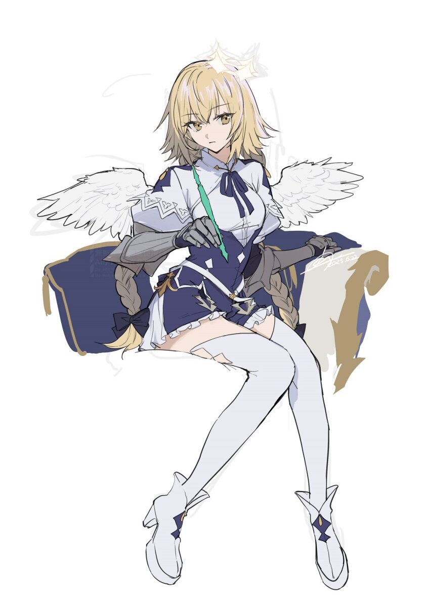 1girl angel_wings blonde_hair bow bowtie braid braided_ponytail expressionless fate/grand_order fate_(series) full_body gauntlets highres holding holding_pen jeanne_d&#039;arc_(fate) long_hair looking_at_viewer metatron_jeanne_(fate) metatron_jeanne_(third_ascension)_(fate) no-kan pen simple_background sitting solo thighhighs twintails white_background wings yellow_eyes zettai_ryouiki