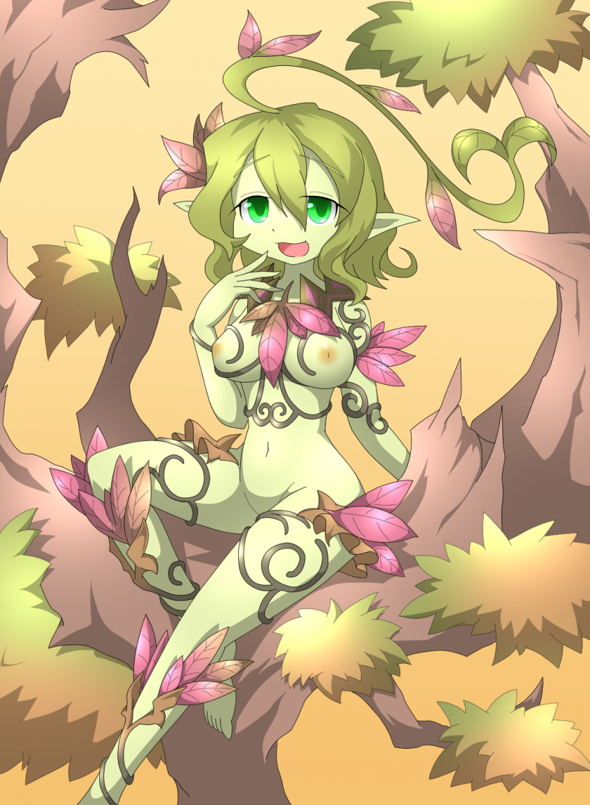 1girl :d amauchi antenna_hair barefoot branch breasts brown_background colored_skin commentary_request completely_nude doria_(mon-musu_quest!) dryad feet gradient_background green_eyes green_hair green_skin hair_between_eyes hair_ornament highres in_tree large_breasts leaf leaf_hair_ornament looking_at_viewer mon-musu_quest! monster_girl navel nipples nude open_mouth plant plant_girl plant_hair pointy_ears red_leaf short_hair sitting sitting_in_tree smile solo tree vines