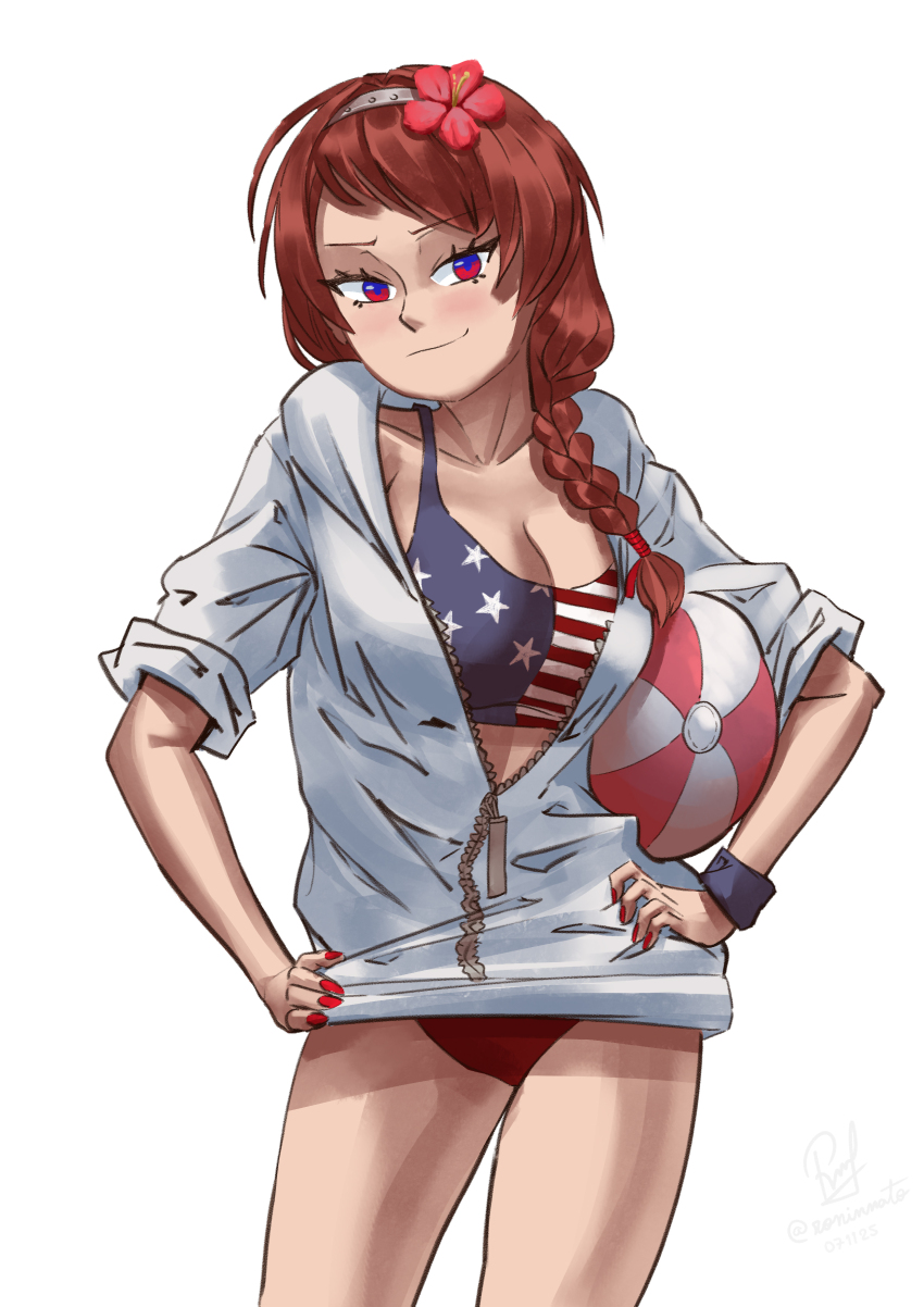 1girl absurdres american_flag american_flag_bikini american_flag_print bikini bikini_under_clothes braid flag_print flag_print_bikini flower flower_hairband hair_flower hair_ornament hands_on_own_hips highres hood hoodie jacket kantai_collection long_hair looking_at_viewer mismatched_bikini nail_polish nevada_(kancolle) nevada_kai_(kancolle) nevada_kai_mod.2_(swimsuit)_(kancolle) one-hour_drawing_challenge partially_unzipped print_bikini red_eyes red_hair red_nails ron_(pixiv83091338) simple_background single_braid smile solo swimsuit white_background white_hoodie white_jacket